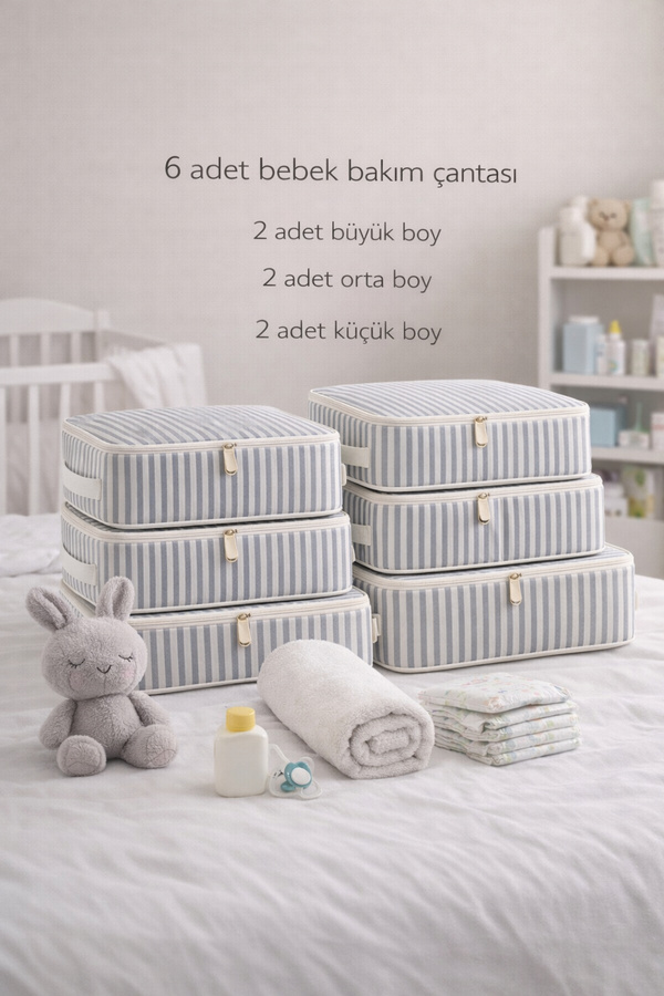 Spartek home textile 6 Parça çizgili desenli 1. KALİTE - Doğum/Hastane Çıkış Çantası - çizgili desenli