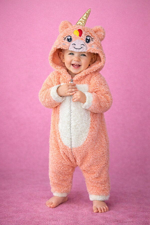 Chicsy Baby Kışlık tatlı Unicorn Figürlü Kapüşonlu Peluş Bebek Tulum