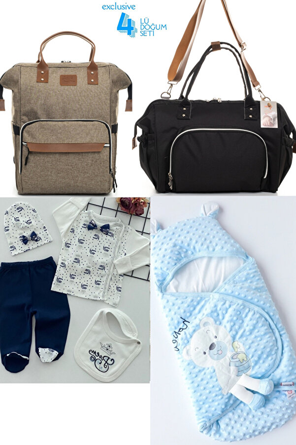 Beyaz Bebek 4'lü Bebek Doğum Seti (HASTANE ÇIKIŞ,ANNE&BEBEK BAKIM OMUZ VE SIRT ÇANTASI,KUNDAK)