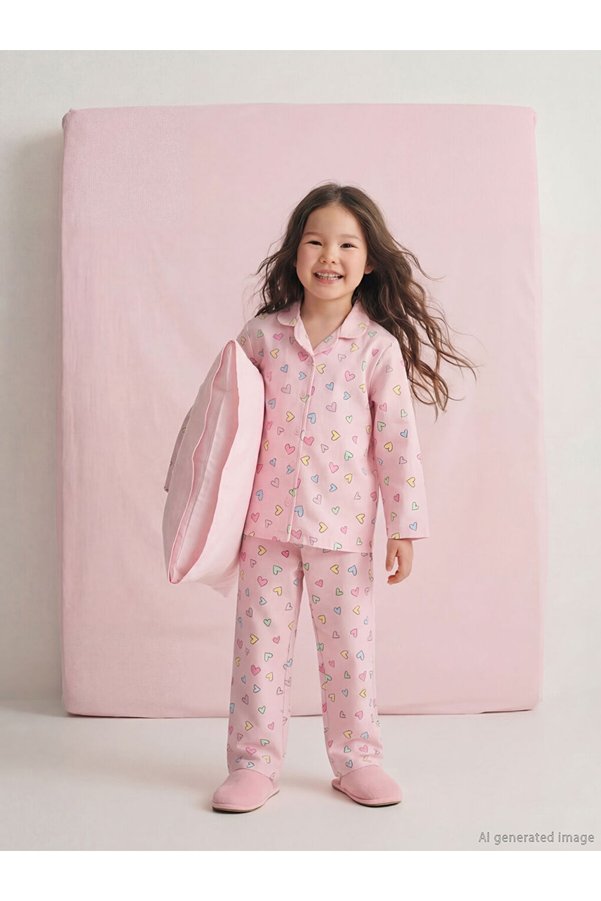 LC Waikiki Pink Shirt Collar Heart Printed Girls Pajama Set