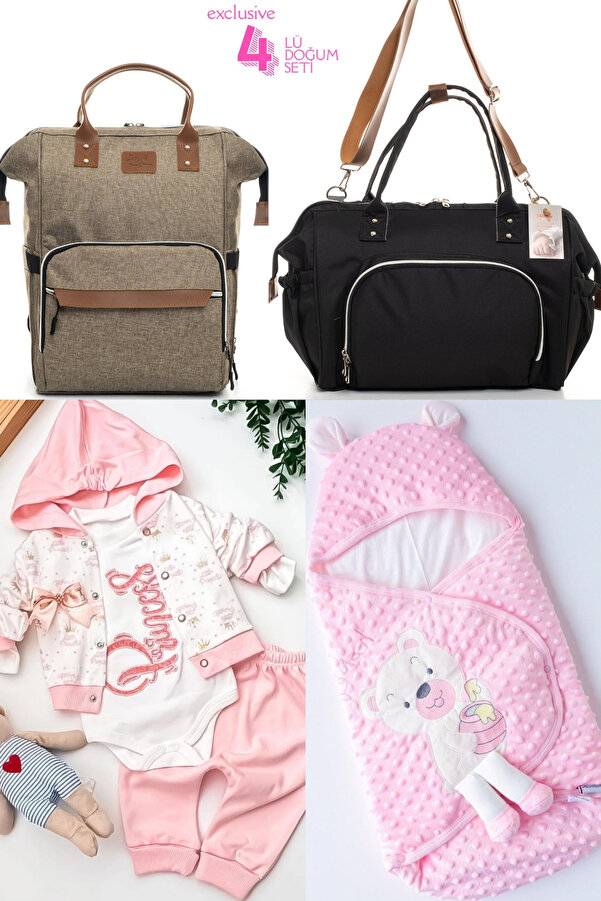Beyaz Bebek 4'lü Bebek Doğum Seti (HASTANE ÇIKIŞ,ANNE&BEBEK BAKIM OMUZ VE SIRT ÇANTASI,KUNDAK)