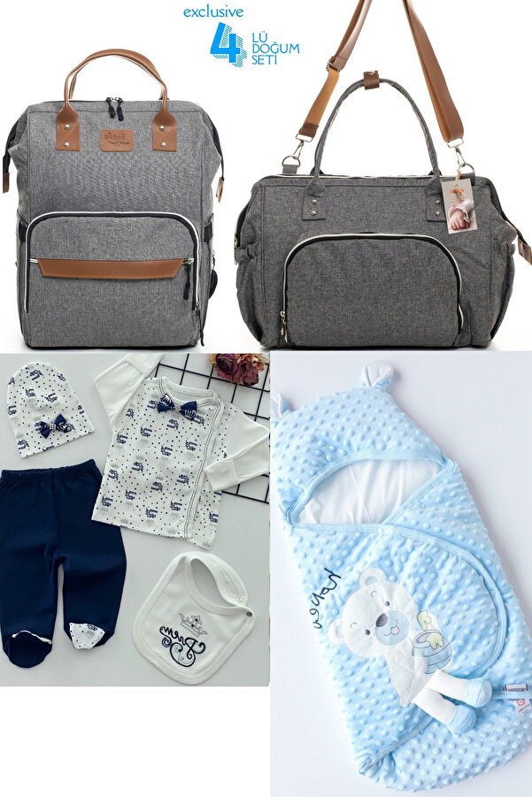 Beyaz Bebek 4'lü Bebek Doğum Seti (HASTANE ÇIKIŞ,ANNE&BEBEK BAKIM OMUZ VE SIRT ÇANTASI,KUNDAK)