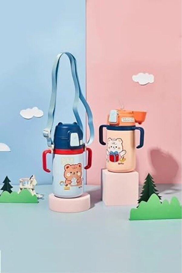 Yıldızan 400ml Silikon Pipetli Sevimli Ayıcıklı Boyun Askılı Bebek Kulplu Paslanmaz Çelik Termos (Lacivert)