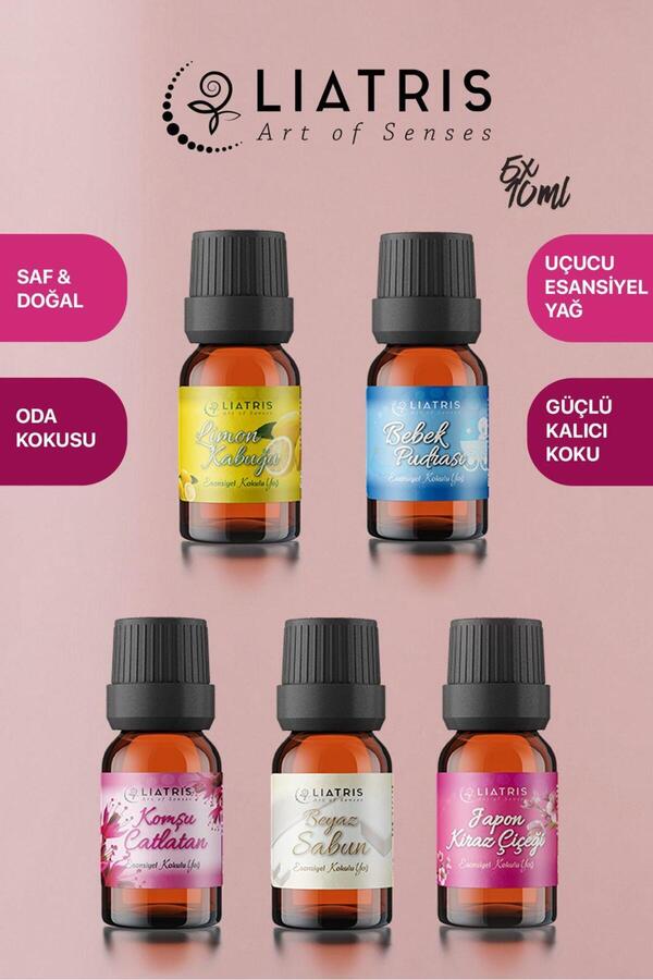 liatris BEYAZ SABUN-BEBEK PUDRASI-JAPON KİRAZ ÇİÇEĞİ-LİMON KABUĞU-KOMŞU ÇATLATAN esansiyel uçucu yağ 5*10 ml