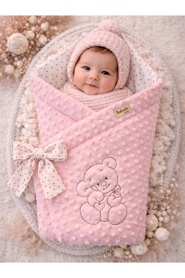 Bebella Pembe Kız Nohut Bebek Battaniyesi & Kundağı Ayıcık İşlemeli Hastane Çıkışı Yenidoğan Örtü / Yorgan
