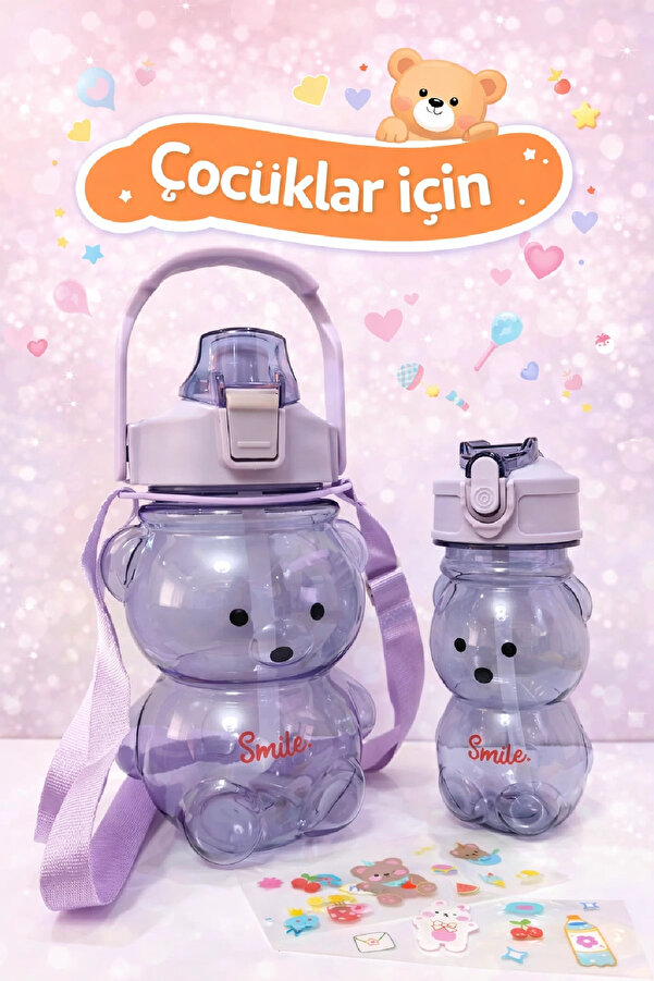 Berdina Home 2'Lİ Şeffaf Ayıcık Matara Mor 1000+400ml Çocuk Su Şişesi Pipetli Sızdırmaz Kapaklı Suluk Seti