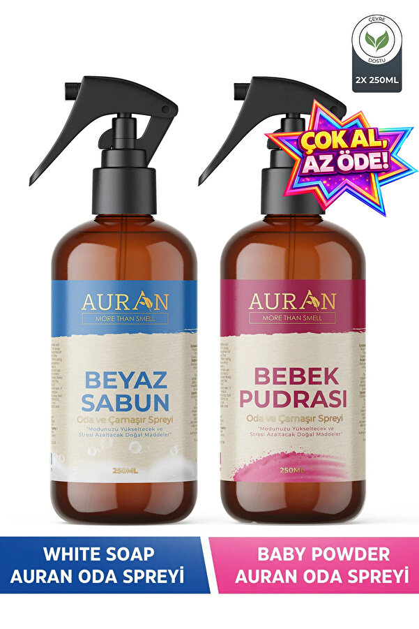 AURAN Beyaz Sabun Ve Bebek Pudrası Oda Ve Çamaşır Spreyi Oda Kokusu Oda Spreyi 2'li Set 250ml