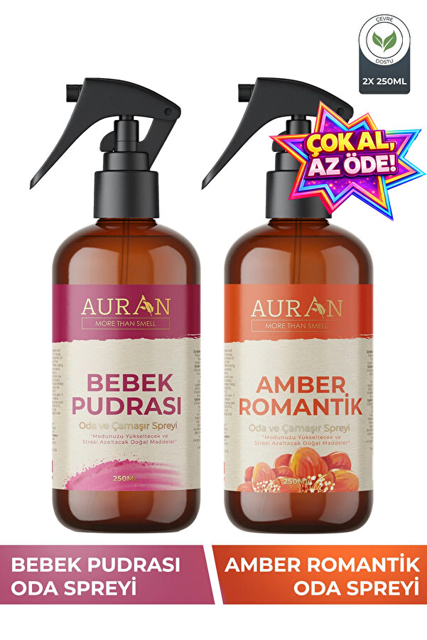 AURAN Bebek Pudrası Ve Amber Romantik Oda Ve Çamaşır Spreyi Oda Kokusu Oda Spreyi 2'li Set 250ml
