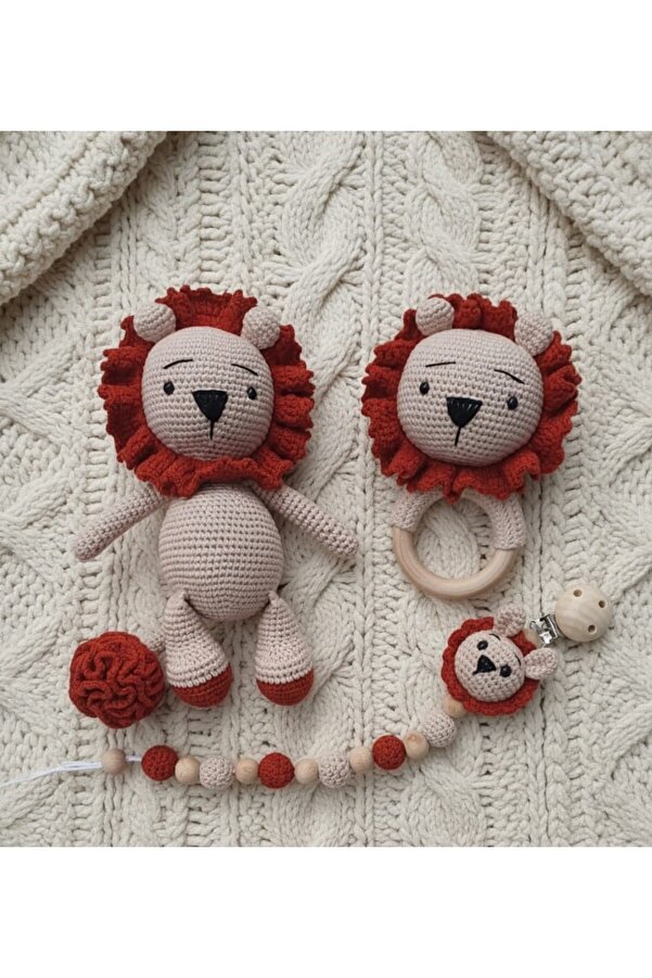 kelebeginruyasihobievi Amigurumi Yenidoğan Hediyelik Aslan Uyku Arkadaşı,çıngırak,emzik Zinciri Set