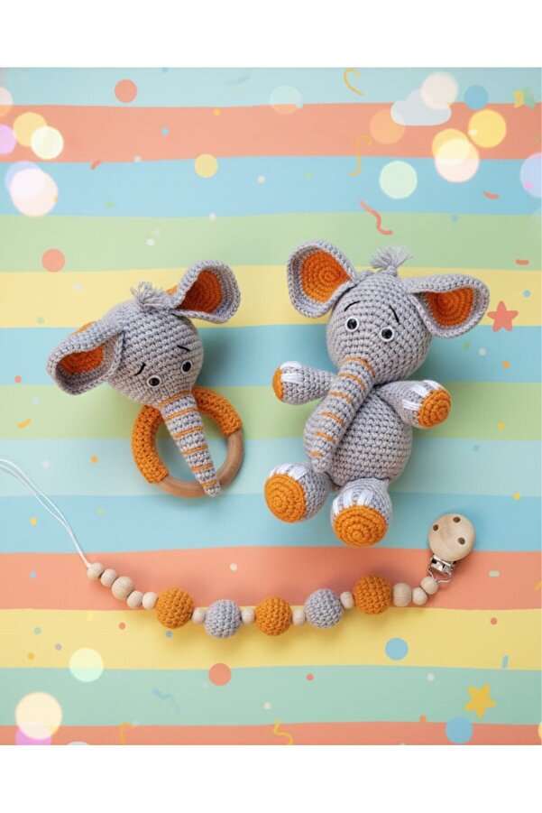 kelebeginruyasihobievi Amigurumi Hediyelik Uyku Arkadaşı Fil, Fil Çıngırak Ve Emzik Zinciri Set