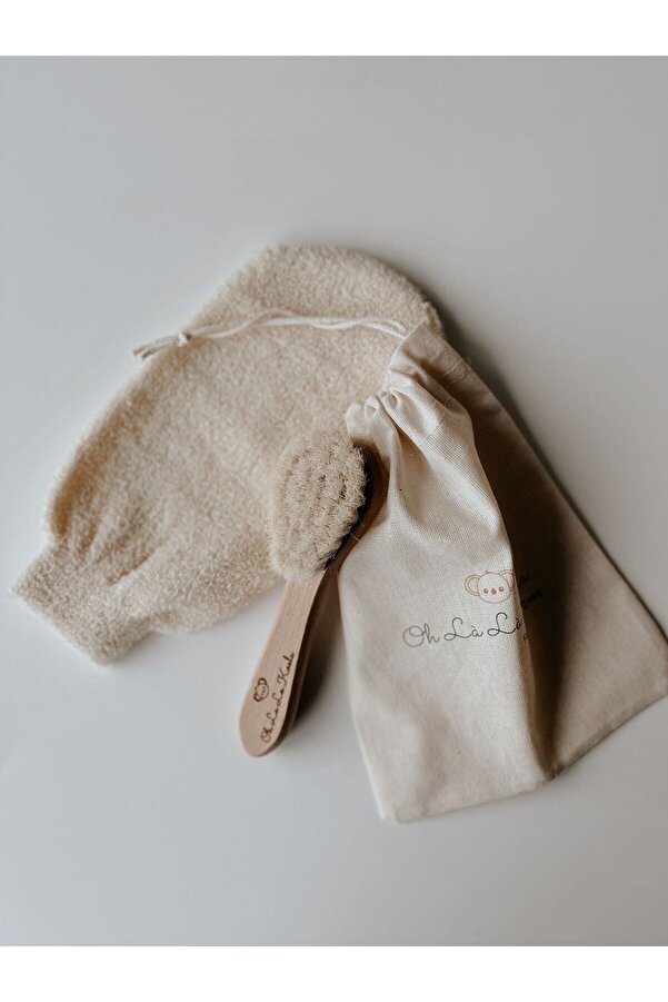 OhlalaKoala Doğal Keçi Kılı Ahşap Bebek Fırçası Ve Pamuk Bebek Banyo Kesesi 2li Set