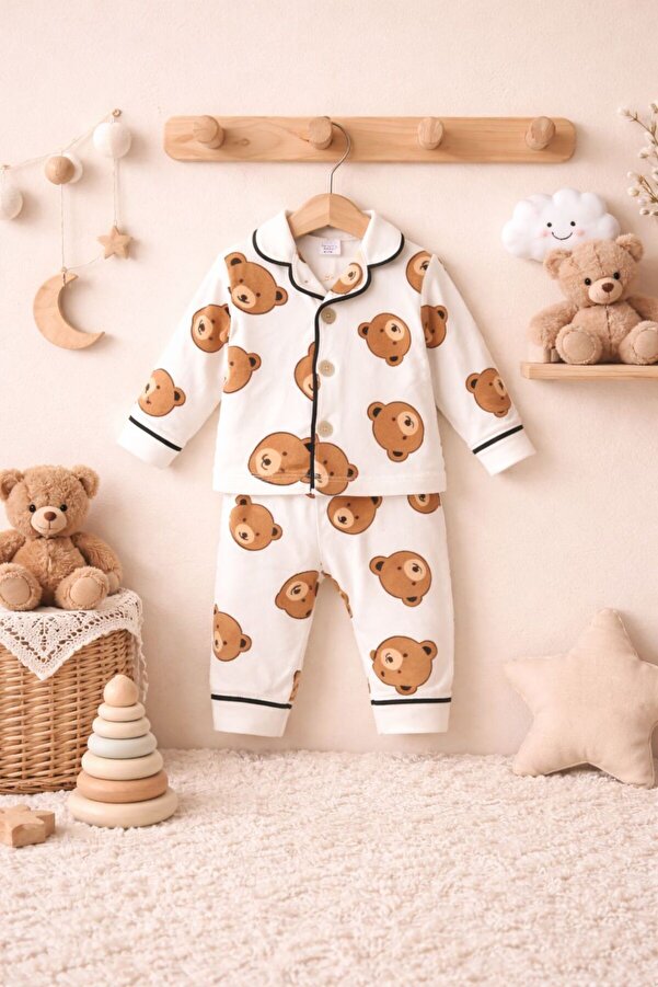 derin baby %100 Pamuklu Ayıcık Desenli Alt-Üst Erkek Kız Unisex Bebek Pijama Takımı