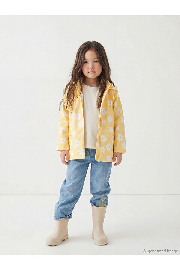 LC Waikiki Sarı Çiçekli Kız Çocuk Mont