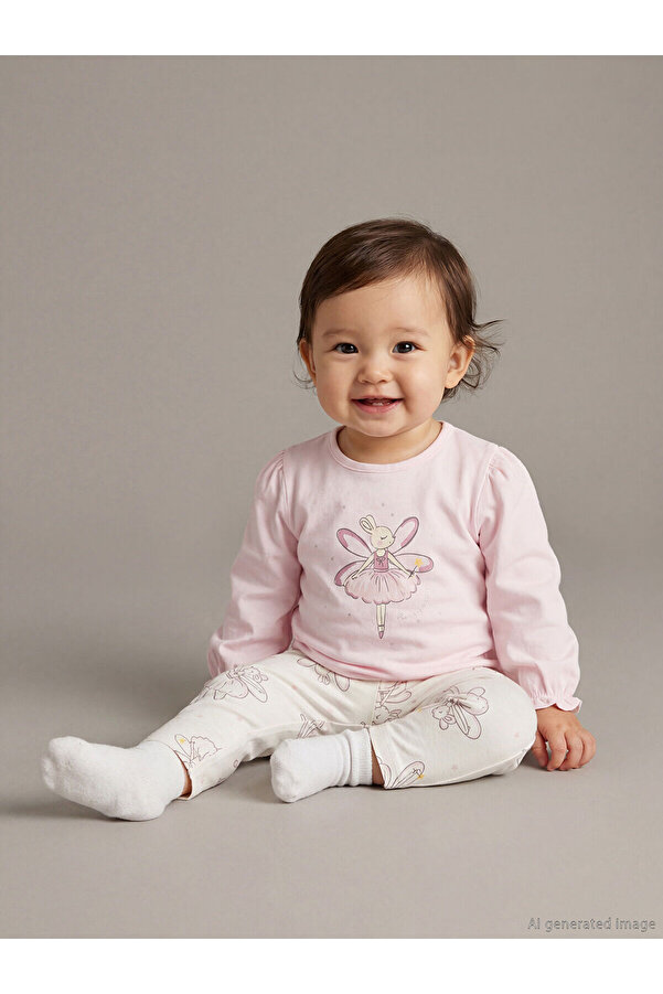 LC Waikiki Elsiva Collection Pembe Tavşan Baskılı Kız Bebek Bluz ve Tayt