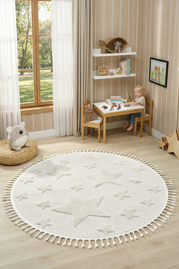 Eliz Home Daire Yuvarlak Krem Renk Yıldız Yumuşak Bukleli Dokuma Halı Bebek Odası Çocuk Odası Halısı 12 DAİRE
