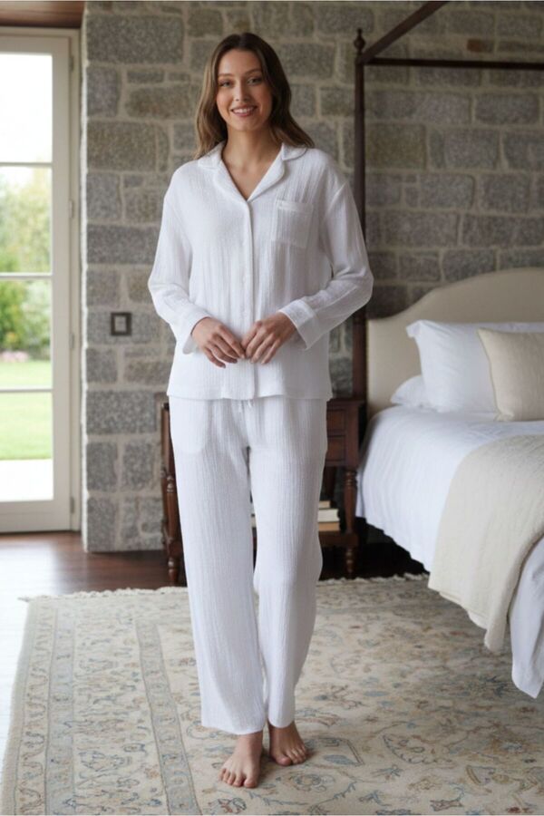 DOFİ Women's White Shirt Collar Cotton Pajama Set - Buttoned, Relaxed Fit