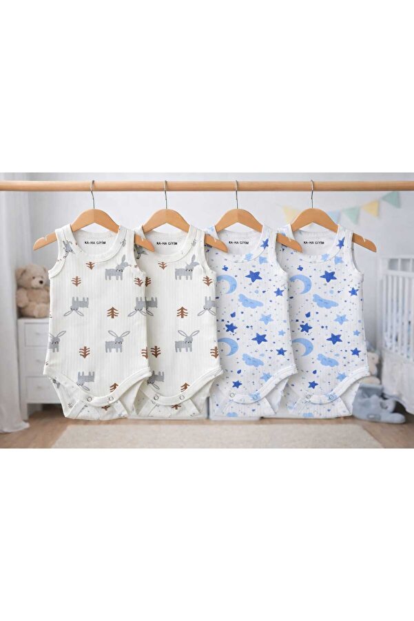 KA-HA Giyim %100 Pamuklu /Desenli/4'lü Çıtçıtlı Bebek Body Zıbın / Pamuklu Bebek Atlet / Bebek Çıtçıtlı/Organik
