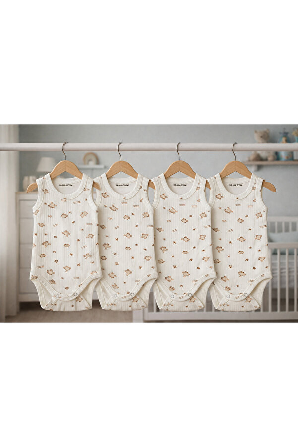 KA-HA Giyim %100 Pamuklu /4'lü Çıtçıtlı Bebek Body Zıbın /Hayvanlı/ Pamuklu Bebek Atlet / Bebek Çıtçıtlı/Organik