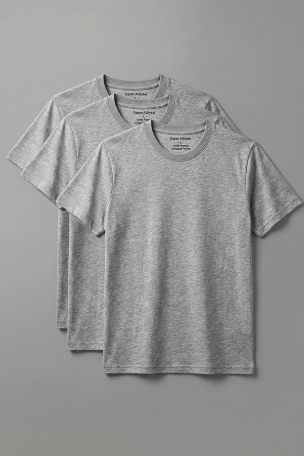 DESEN ATÖLYESİ Cotton 3-Piece Gray Melange Basic Short Sleeve T-Shirt Economic Set, Premium Fabric, Men - Women