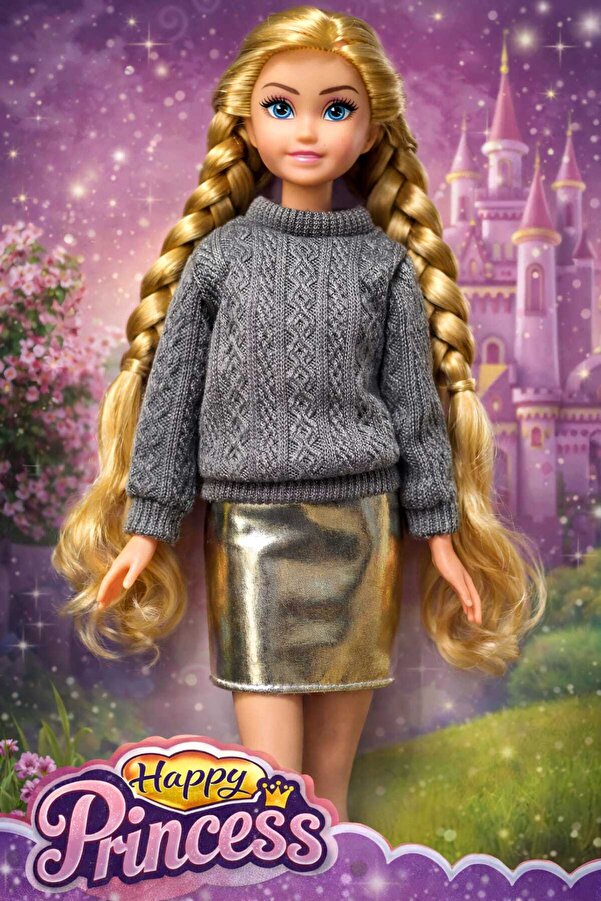 Fidan oyuncak Happy Princess Oyuncak Bebek – 30 cm Örgülü Saçlı, Şık Kazak ve Parlak Etek Kombinli