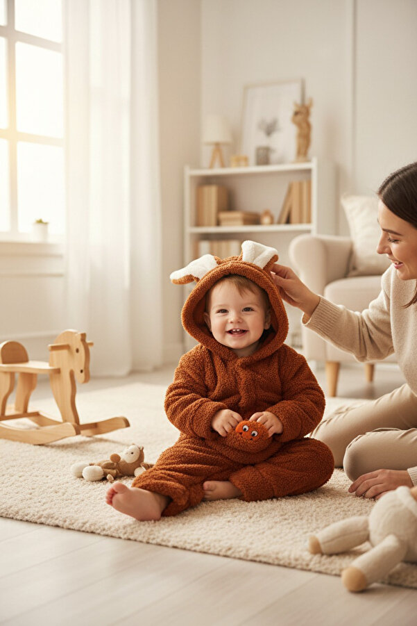 balbeybi Kulaklı Welsoft Bebek Tulumu, Kapüşonlu Tavşan Kulaklı Peluş Kışlık Bebek Uyku Tulumu Unisex