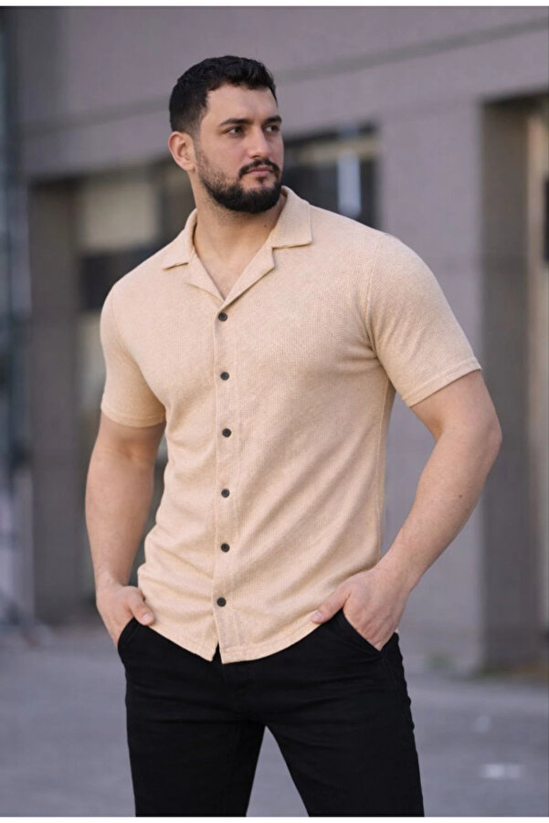 pilelistore Erkek Waffle Kumaş Kısa Kollu Düğmeli Açık Yaka Regular Fit Gömlek - Bej