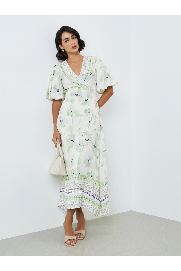 Styli Women Green Floral Print Puff Sleeves Maxi Dress