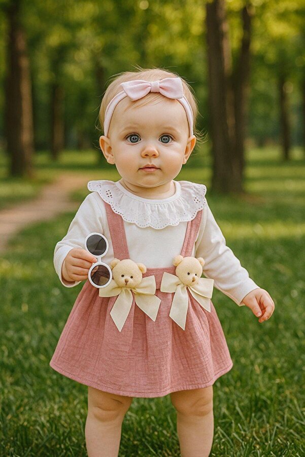 Pıtırkids Ayıcıklı Müslin Kız Bebek Salopet Takımı – Doğum Günü, Bayram, Özel Gün 6–18 Ay