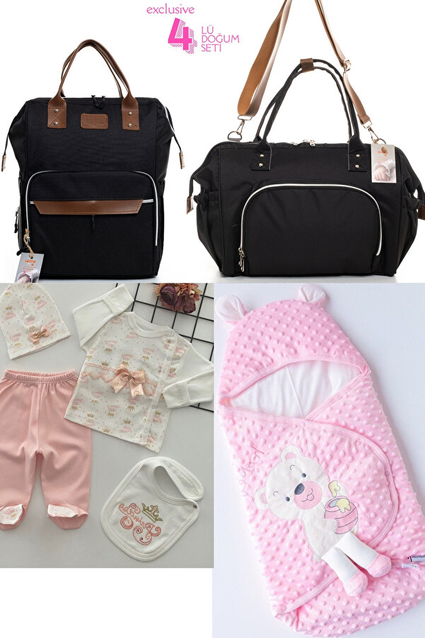 Beyaz Bebek 4'lü Bebek Doğum Seti (HASTANE ÇIKIŞ,ANNE&BEBEK BAKIM OMUZ VE SIRT ÇANTASI,KUNDAK)