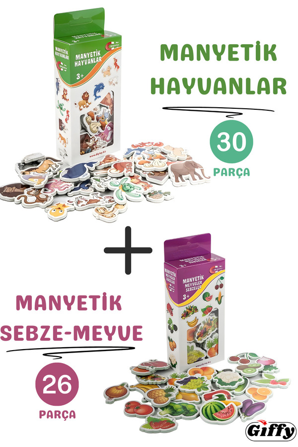 giffy Oyuncak Manyetik Mıknatıslı 30 Parça Hayvanlar ve 26 Parça Sebze Meyveler Eğitici Set Magnet