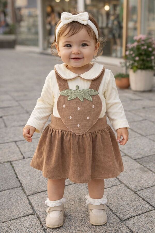 gül garden Kız Bebek Slopet Elbise Çilekli Sweet Takım