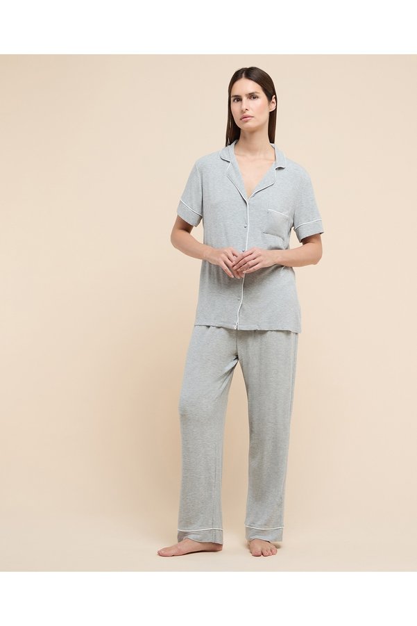 R&B Women Grey Melange Ribbed Pyjama Set