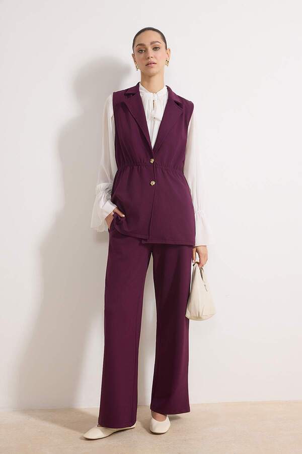 Trendyol Modest Plum Interlock Soft Fabric Buttoned Vest Trousers Knitted Bottom - Top Set Tctss26Us00005