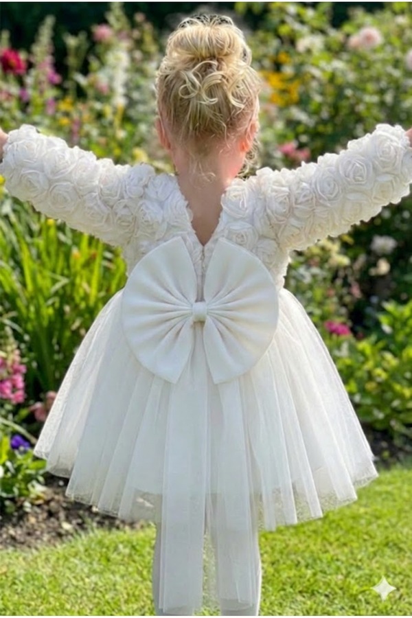 ALYRA Kız Bebek Elbise Uzun Kollu Fiyonklu Güllü Doğum Günü Parti Düğün Özel Gün Abiye Kız Çocuk Elbise