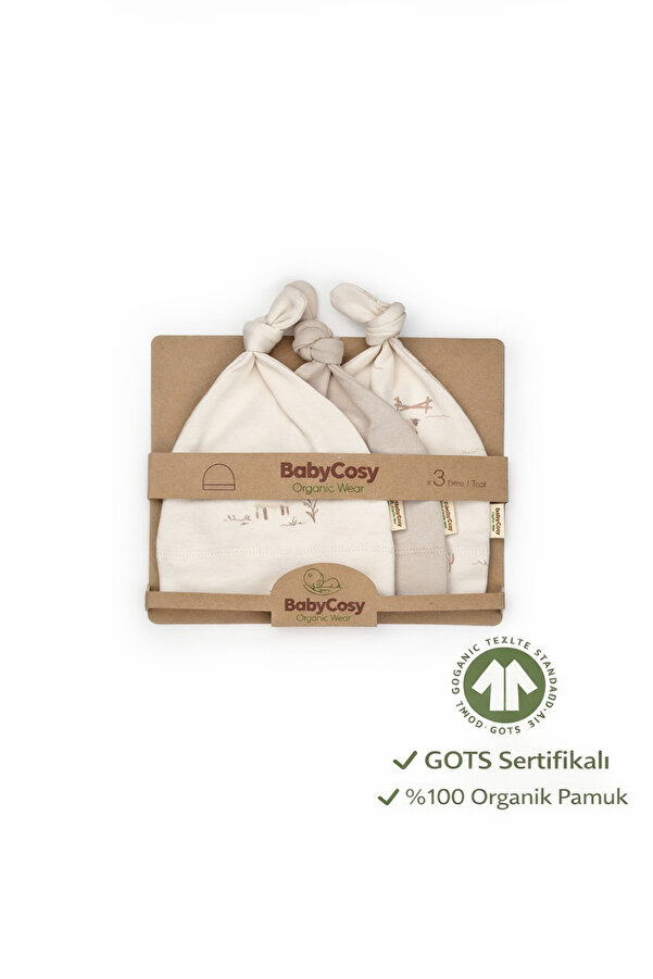 BabyCosy Organic Wear Bebek 3'lü Şapka,%100 Organik Pamuk,Bebek ve Yenidoğan Serisi