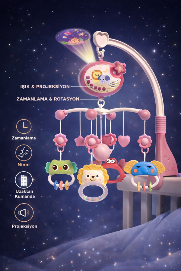Genel Markalar Pilli Işıklı Müzikli Projektörlü Kumandalı Sabitlemeli Dönence Çıngıraklı Dişlikli Bebek 54 cm