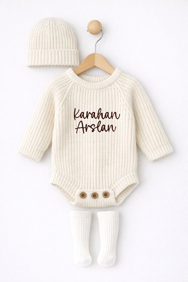 Minytrendy Kız Erkek Bebek İsim Nakışlı Konsept Çekim Triko Yenidoğan Body Uzun Kollu Bebek Zıbını Hediyelik