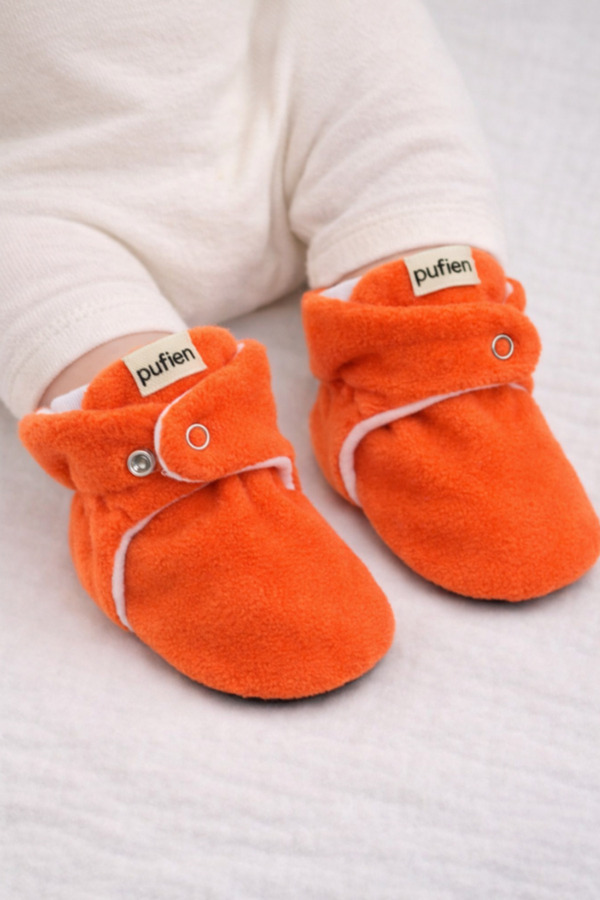 pufien Organik Pamuk Astarlı, Bebek İlk Adım Ayakkabısı, Kaydırmaz Taban, Bebek Pandufu, Turuncu Patik