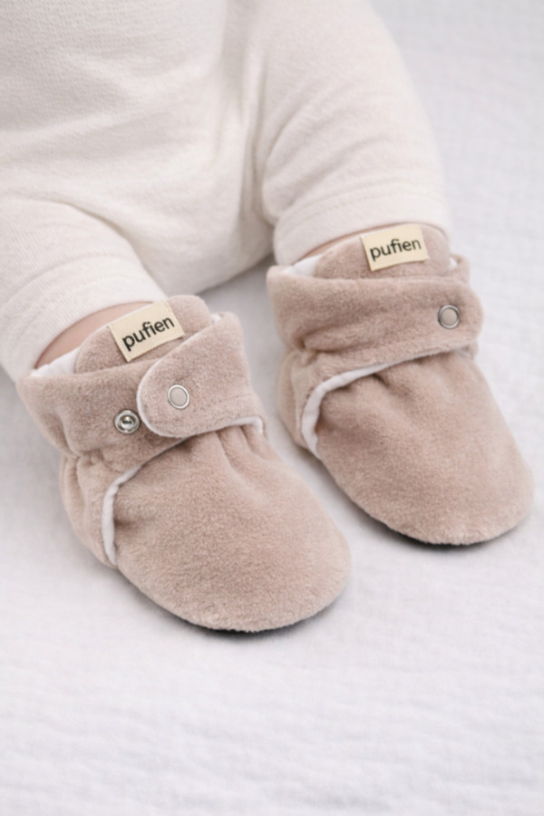 pufien Organik Pamuk Astarlı, Bebek İlk Adım Ayakkabısı, Kaydırmaz Taban, Bebek Pandufu, Bej Patik