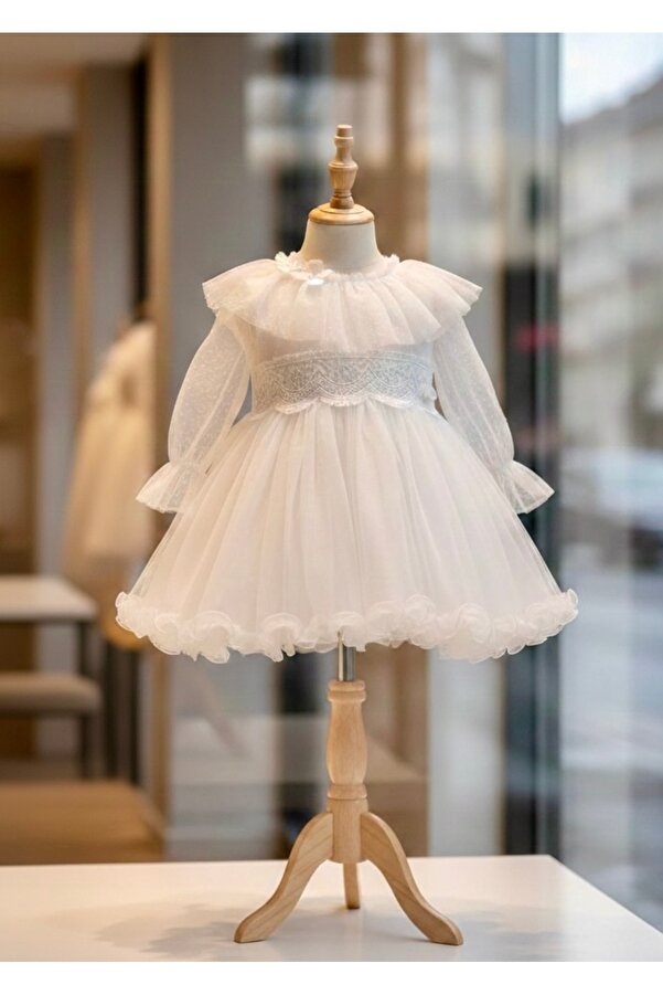 miaras baby 6-24 Ay Uzun Kol Tül Yaka Detaylı KızÇocuk Bebek Günlük Abiye Elbise