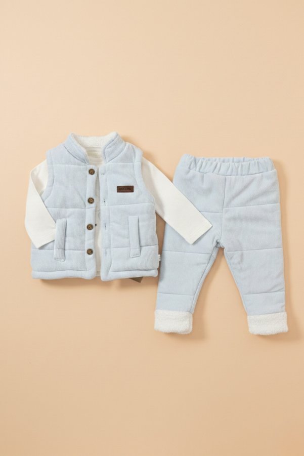 Bebezade Baby Boy | Children's Corduroy Vest Bear Printed 3 Piece Set Vest-Top-Bottom