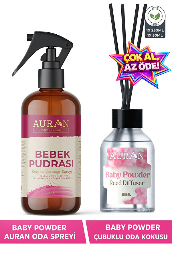 AURAN Bebek Pudrası Çubuklu Oda Kokusu Ve Bebek Pudrası Oda Ve Çamaşır Spreyi Oda Kokusu 2'li Favori Set