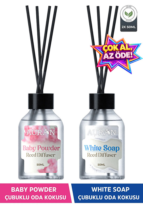 AURAN Bebek Pudrası Çubuklu Oda Kokusu Ve Beyaz Sabun Çubuklu Oda Kokusu 2'li Set Reed Dıffuser 50 ml
