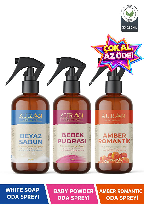 AURAN Beyaz Sabun, Bebek Pudrası ve Amber Romantik Oda Ve Çamaşır Spreyi Oda Kokusu 3'lü Set 250ml