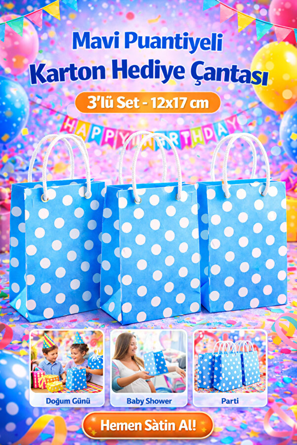 OPTİMEX Mavi Puantiyeli Karton Hediye Çantası 3’lü Set – 12x17 cm – Parti Doğum Günü Baby Shower Uyumlu