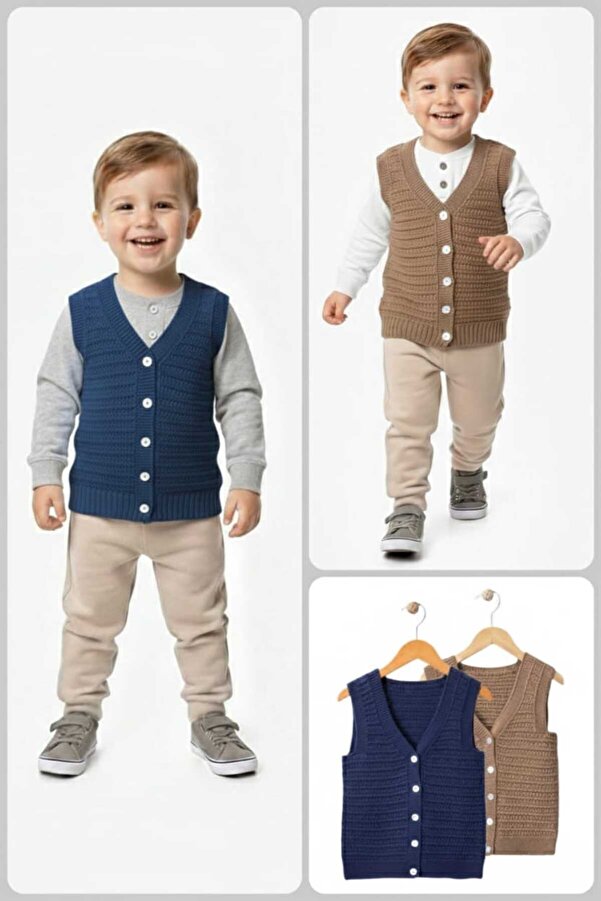 Mamman's 2'li Örme Triko Yelek, Düğmeli Erkek Bebek- Çocuk Kışlık Yelek Seti
