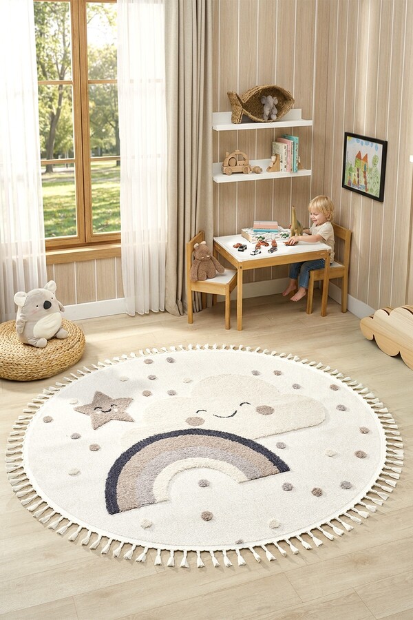 Eliz Home Daire Yuvarlak Yumuşak Bukleli Gökkuşağı Figürlü Dokuma Halı Bebek Odası Çocuk Odası Halısı 20 DAİRE