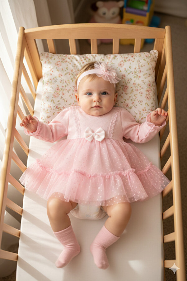 Miniday Baby Kız Bebek Mevlütlük Elbise Bandanalı Dantelli Yeni doğan Hastane çıkışı Gelinlik Abiye Mevlitlik 416