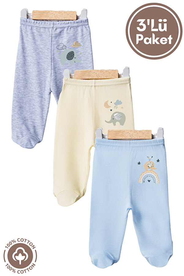 Miniel Unisex Bebek Penye Organik Pamuklu Fil Baskılı 0-6 Ay Patikli Bebek Tek Alt 3'lü Set