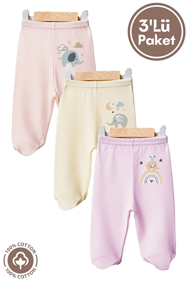 Miniel Unisex Bebek Penye Organik Pamuklu Fil Baskılı 0-6 Ay Patikli Bebek Tek Alt 3'lü Set